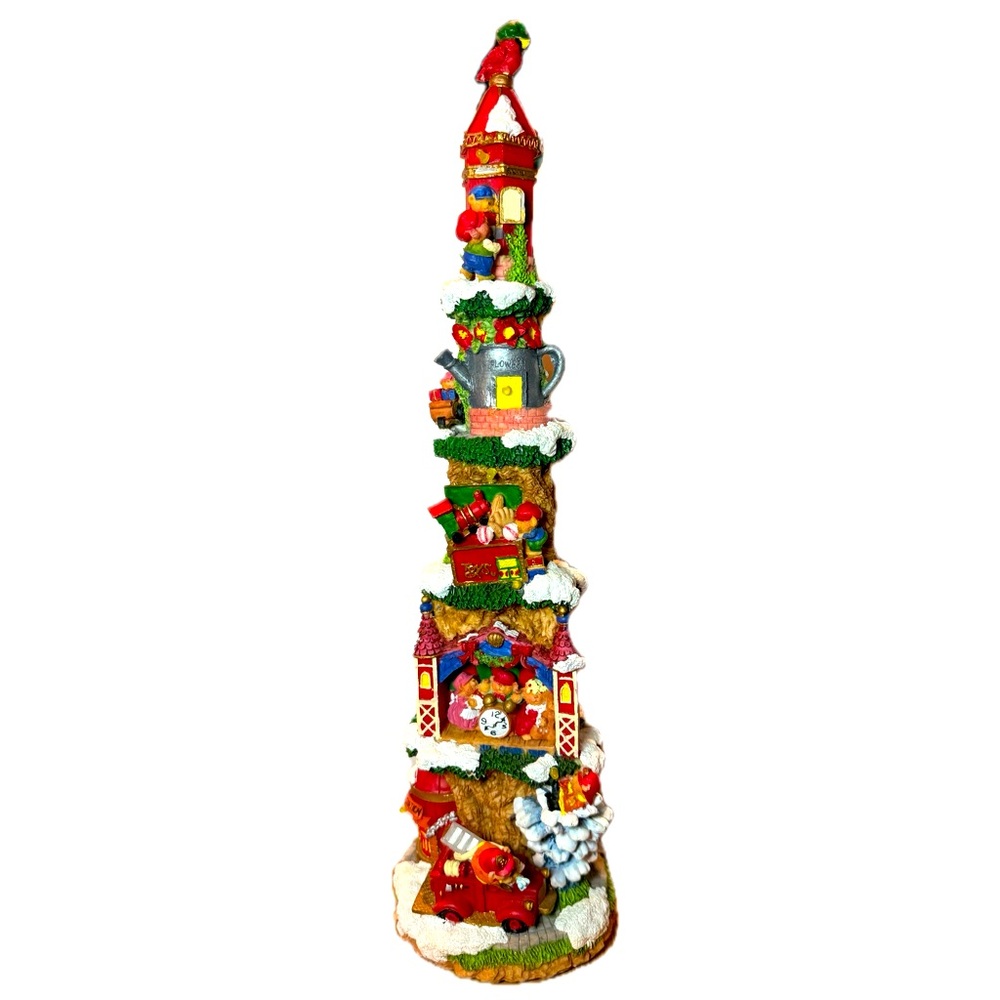Vintage Christmas Village Hard Resin Light Up Tall Fire Station Tree 16” x 4”
